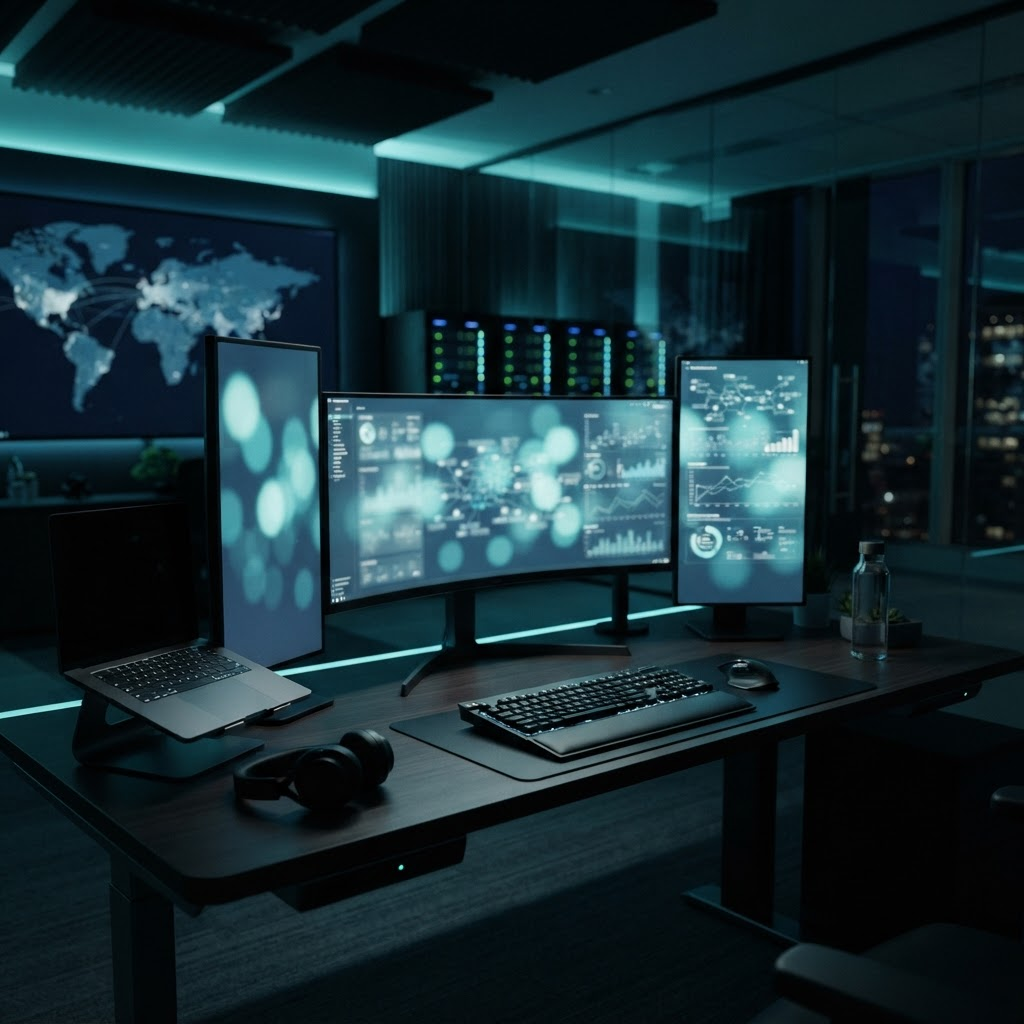 A calm, modern IT operations workspace monitoring business systems